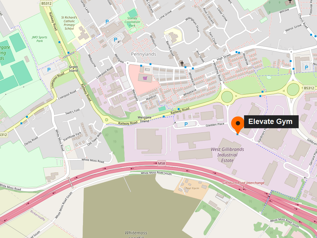Map showing Elevate Gym at Centaur House near Gardiners Place and the M58